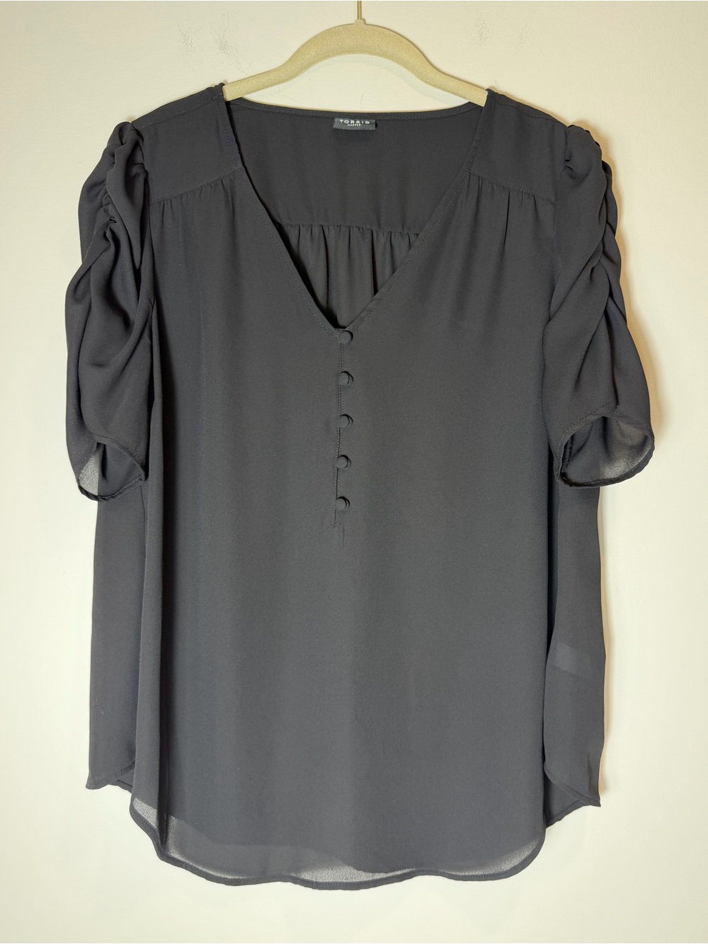 Torrid Harper Black Georgette V-Neck Ruched Ruffle Sleeve Top Plus Size 2